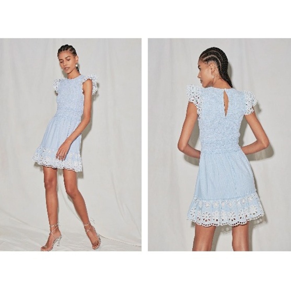 Saylor Zinnia Dress Size L Blue White Striped Smocked Eyelet Flutter Sleeve